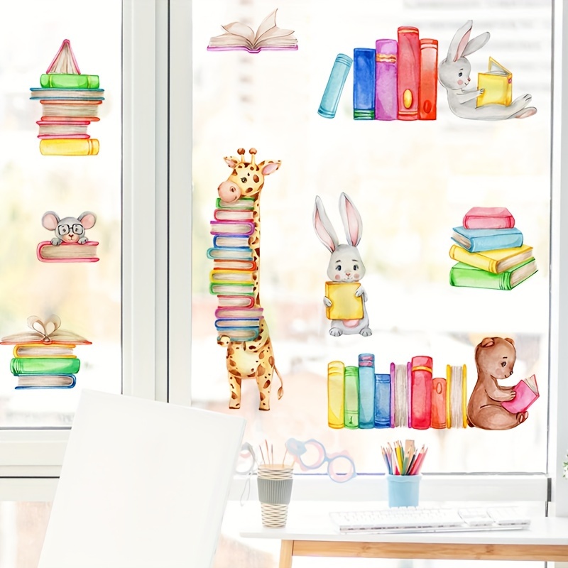 

2pcs Animals Wall Stickers, Giraffe Rabbit Bear Reading Books Wall Decoration Peel And Stick Wall Decal For Classroom Bedroom Living Room Playroom Study Room Library Wall Decor