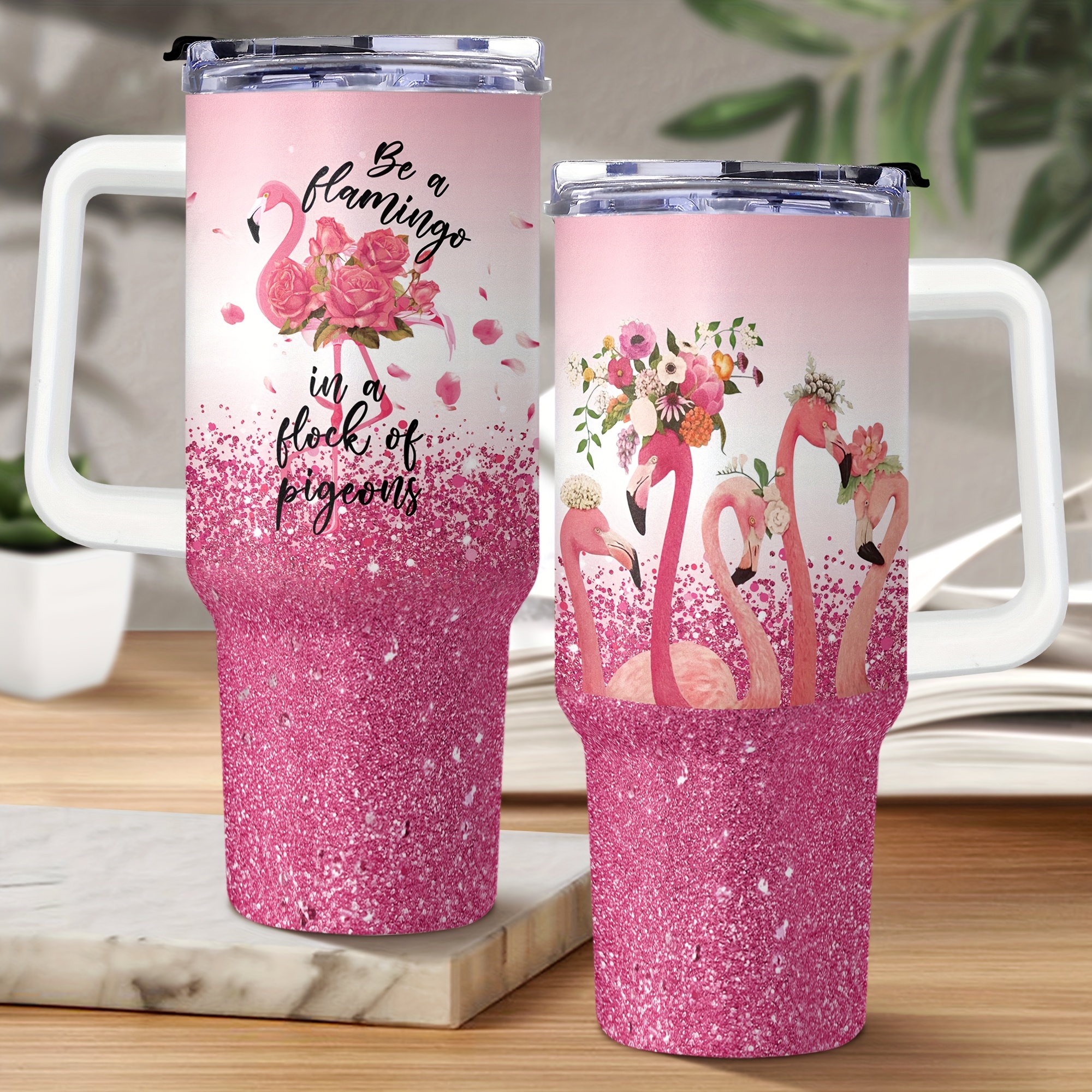 Flamingo Tumbler With Handle And Straw Insulated Cup Beverage