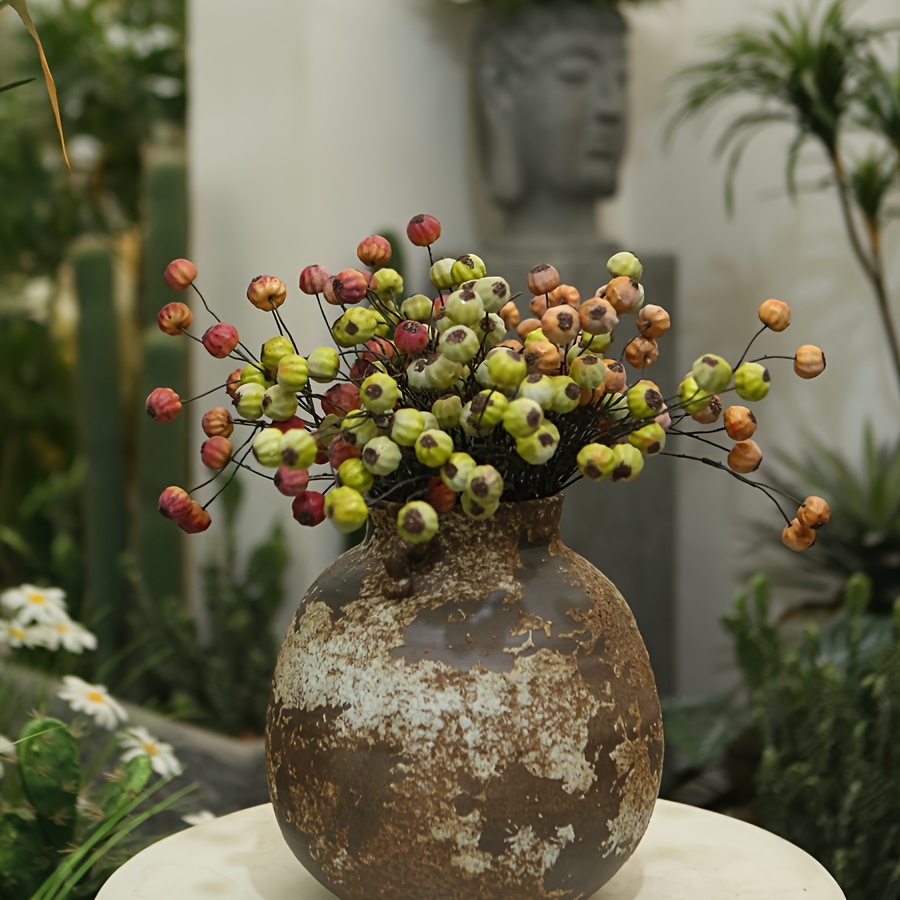 Faux Red Berry Stems in Large Woven Vase 55