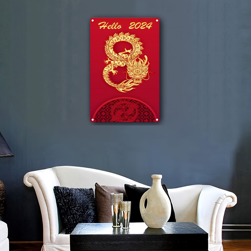Happy Chinese New Year 2024. Dragon gold zodiac sign on red