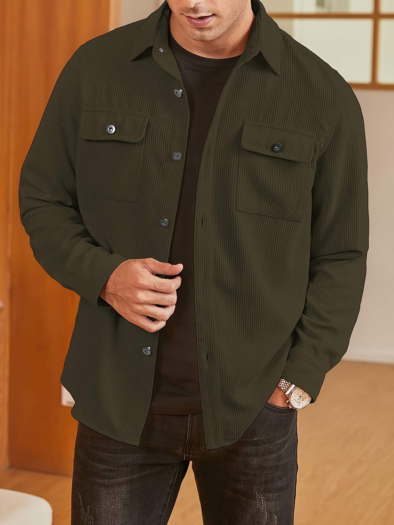 Men's Solid Color Corduroy Long Sleeve Button Shirt Jacket - Temu