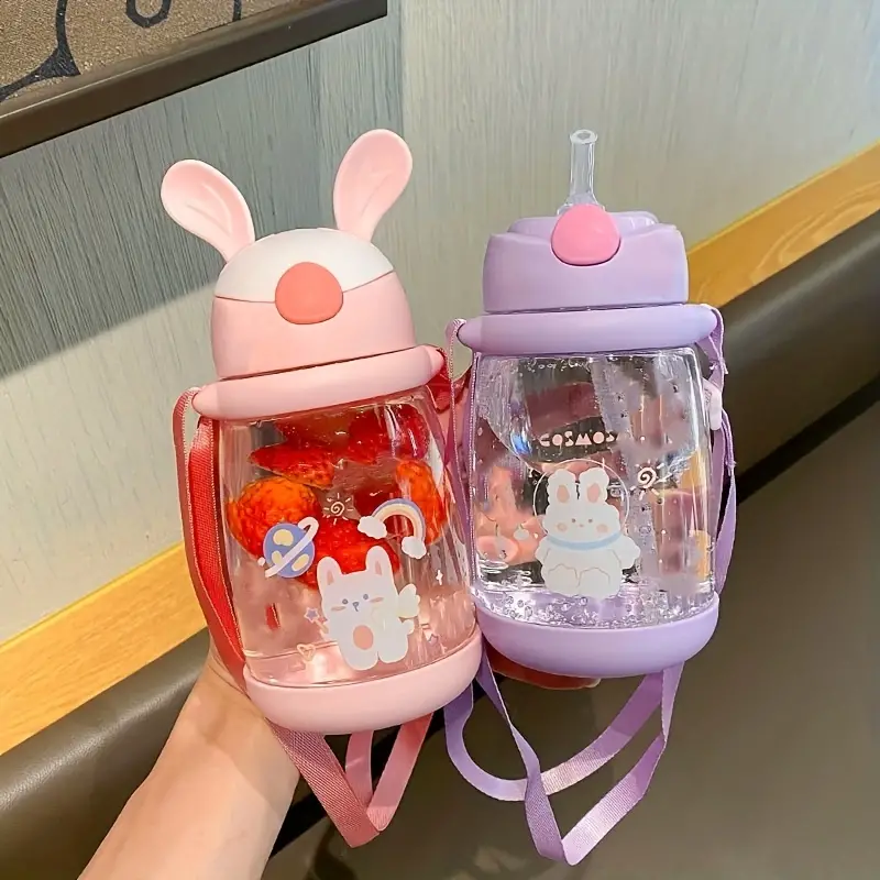 1pc Cartoon Bunny Water Bottle With Straw And Strap 600ml 20 3oz Clear  Plastic Water Cups