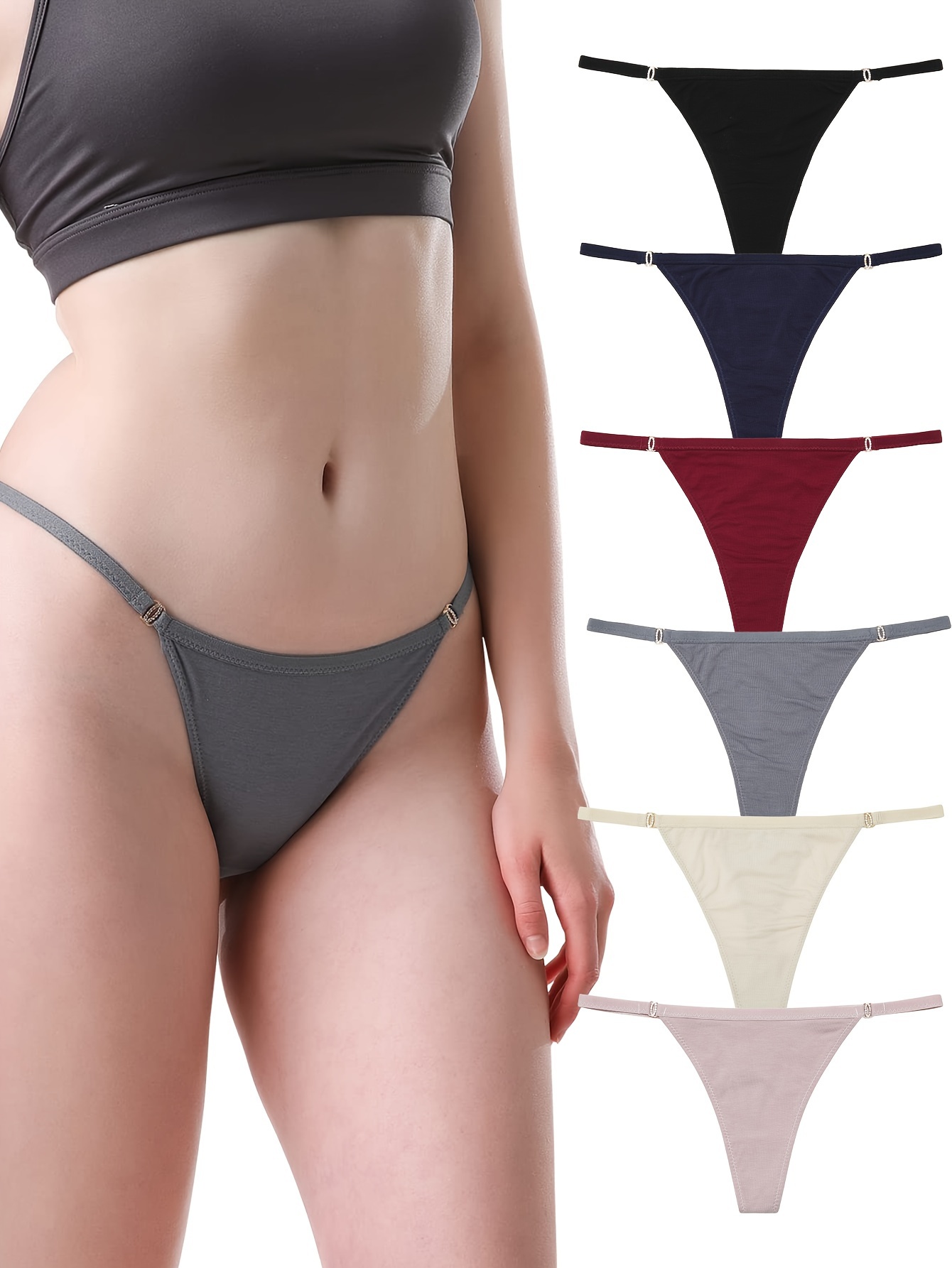6 Pcs Simple Solid Thongs, Comfy & Breathable Low Waist Elastic Thong  Panties, Women's Lingerie & Underwear
