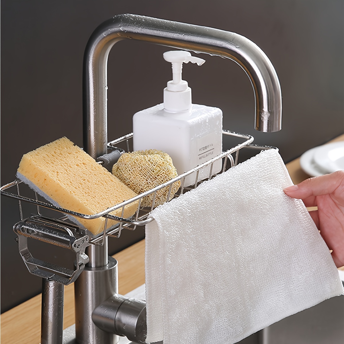 Kitchen Storage Helper Faucet Shelf Sink Rack For Dishcloth Sponges  Scrubber With Drain Pan