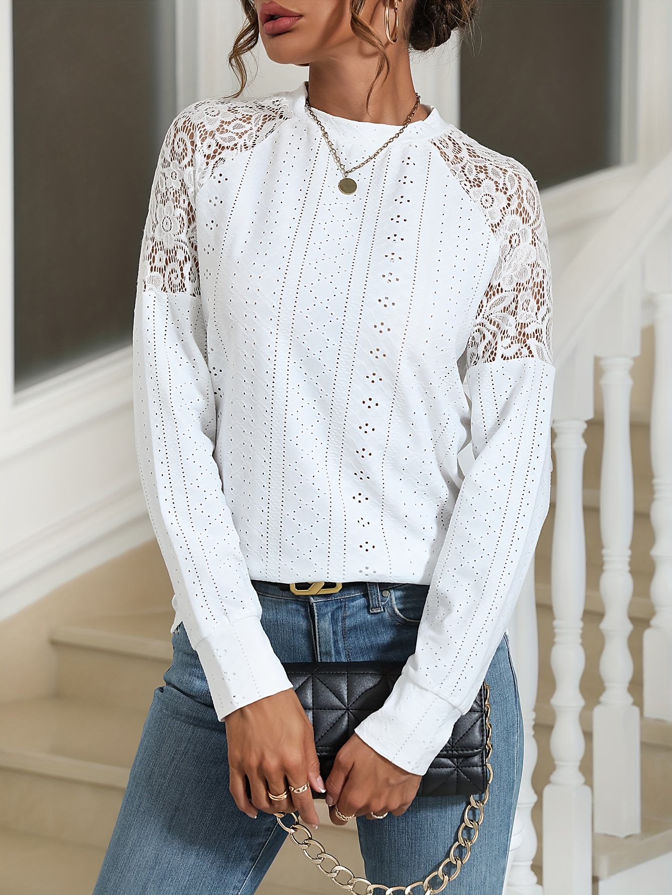 Womens Blouse Lace Crochet Button Up Long Sleeve Blouse - Temu Canada
