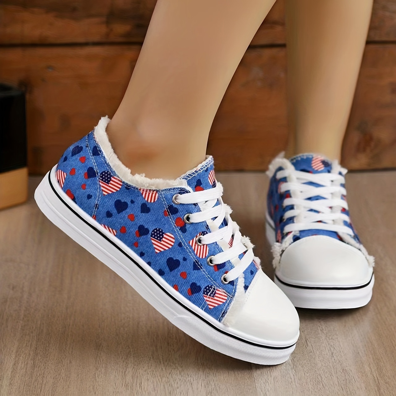 Heart & Ecg Print Canvas Shoes, Lace Up High Top Thick Soled