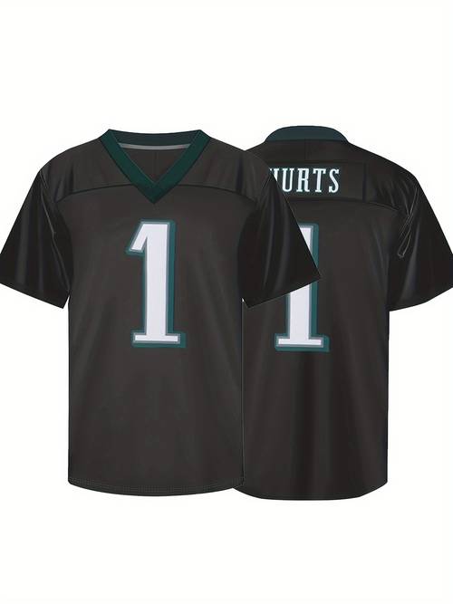 Men s # 1 American Black Football Jersey, V-neck Short Sleeve Uniform, Black Shirt For Party Training, Breathable Rugby Jersey