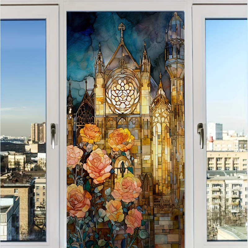 1 Roll Stained Glass Window Film, Tower Rose Static Window Cling Decorative  Window Film Window Tint Film Non-Adhesive Glass Window Decals For Door Win