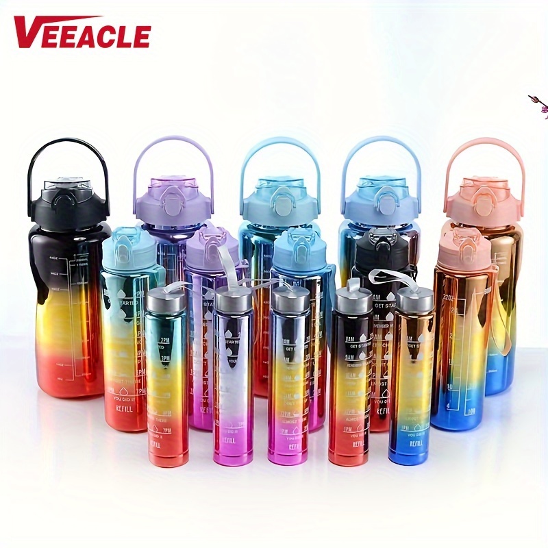 3pcs Gradient Sports Water Bottle With Straw, Time Marker And