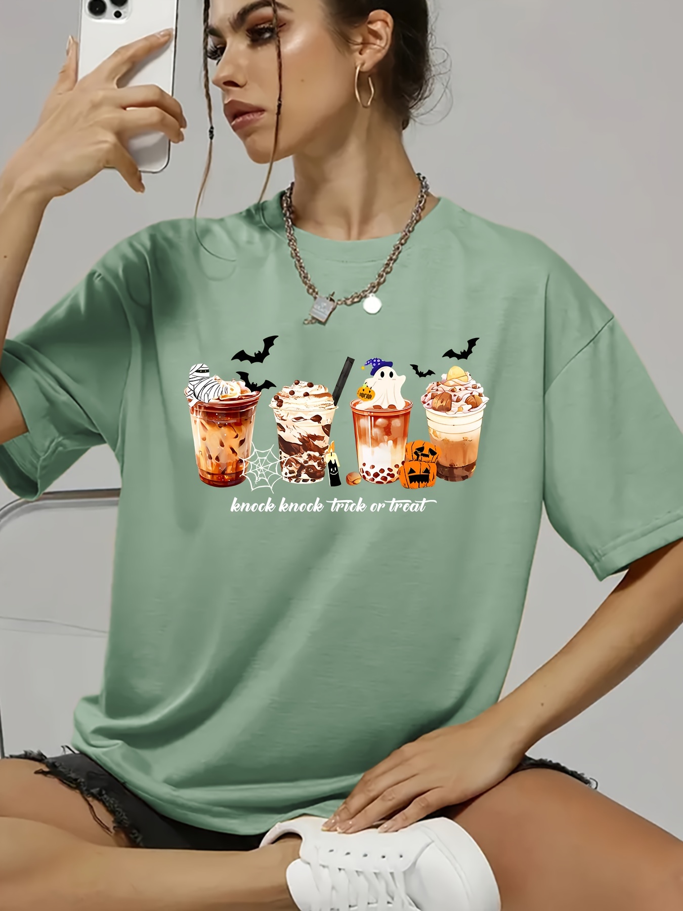 Halloween Coffee Print Crew Neck T shirt Casual Short Sleeve - Temu