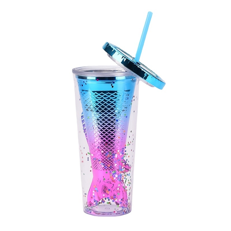 Mermaid Travel Tumblers Cups with Straw Kid Party Cup Water Bottle Ice  Coffee Mugs Birthday Gift (mermaid 2, 420 ml)