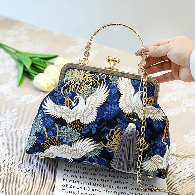 Vintage Chinese Style Handbag Crane Pattern Clutch Purse - Temu