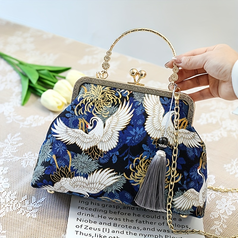 Vintage Chinese Crane Pattern Clutch Purse Handbag