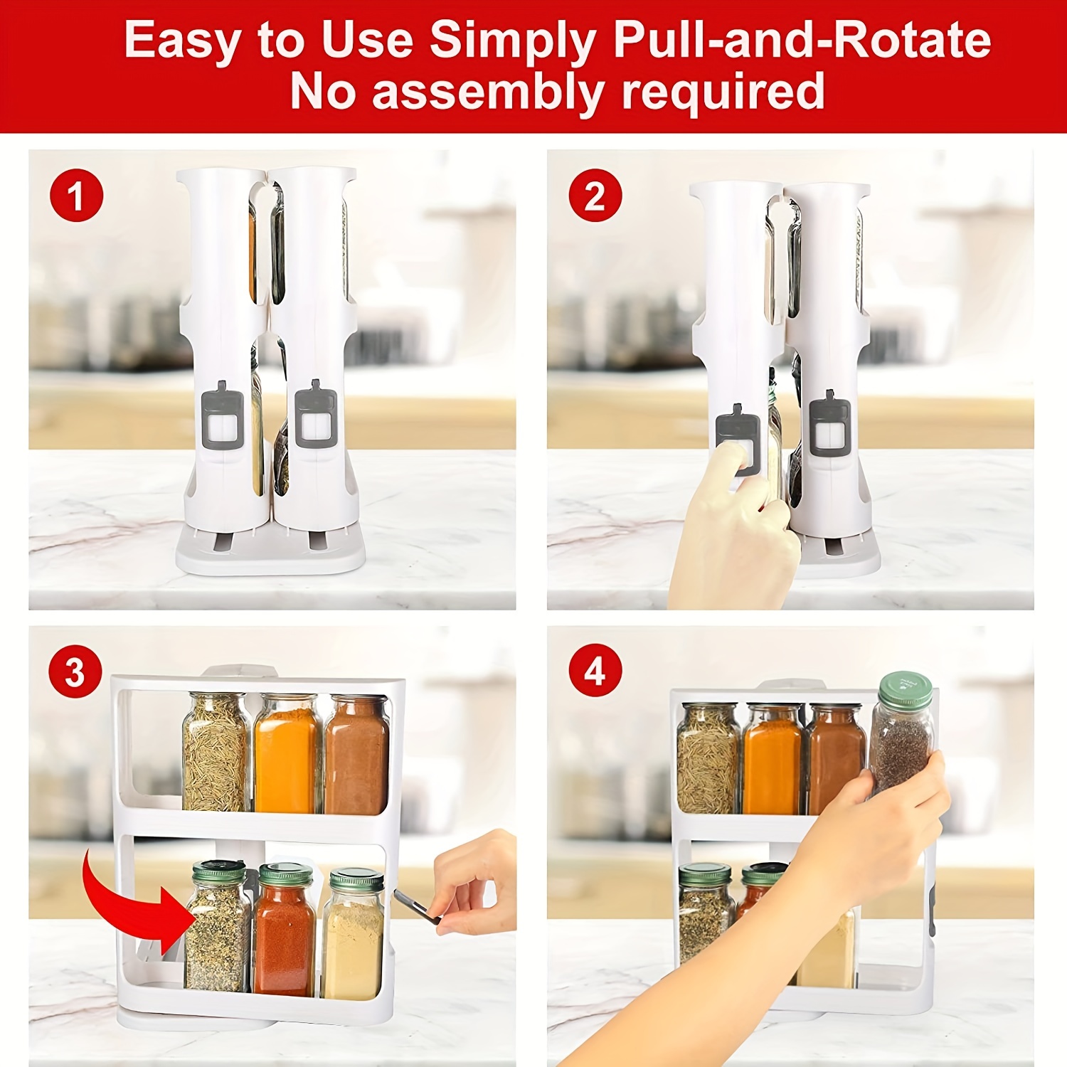 Cabinet Caddy (White), Pull-and-Rotate Spice Rack Organizer