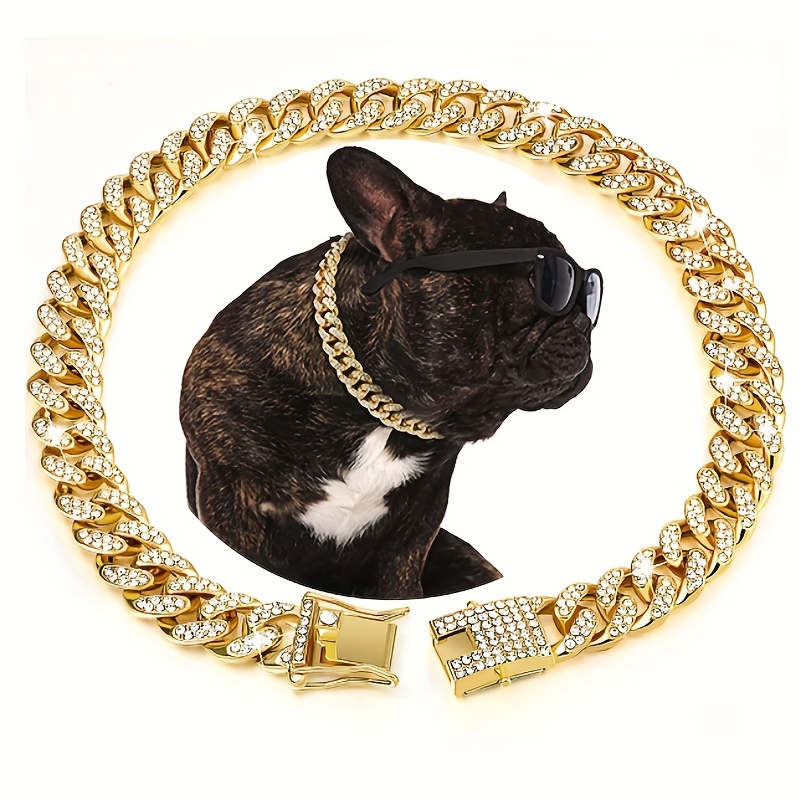 Chain Dog Cuban Luxury Necklace Gold Pet Collar Rhinestones Jewelry  Accessories