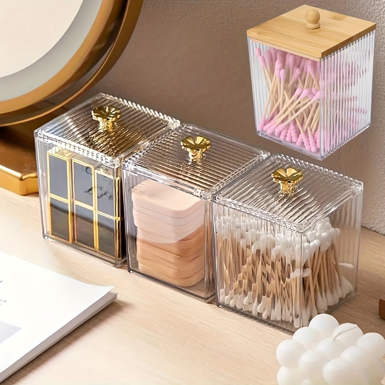 

Acrylic Cotton Swabs Holder With Lid - Organize Your Bathroom Vanity With Makeup Storage Canister Box For Ball, Swabs, Floss, Sponges, Jewelry, And More - Clear Rectangle