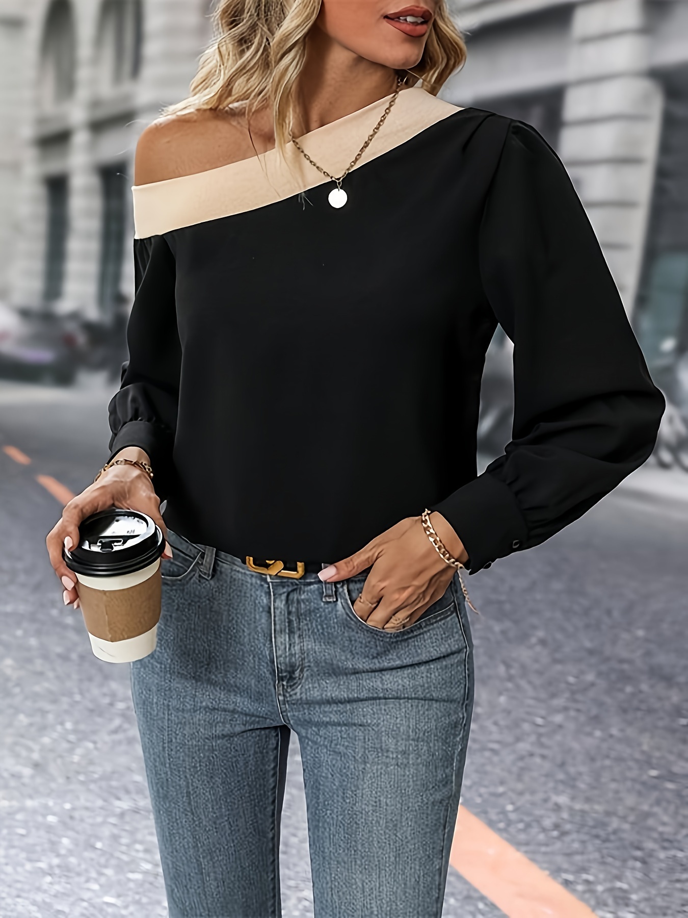 Contrast Trim Slant Shoulder Blouse, Elegant Lantern Sleeve Top For Spring  & Fall, Women's Clothing