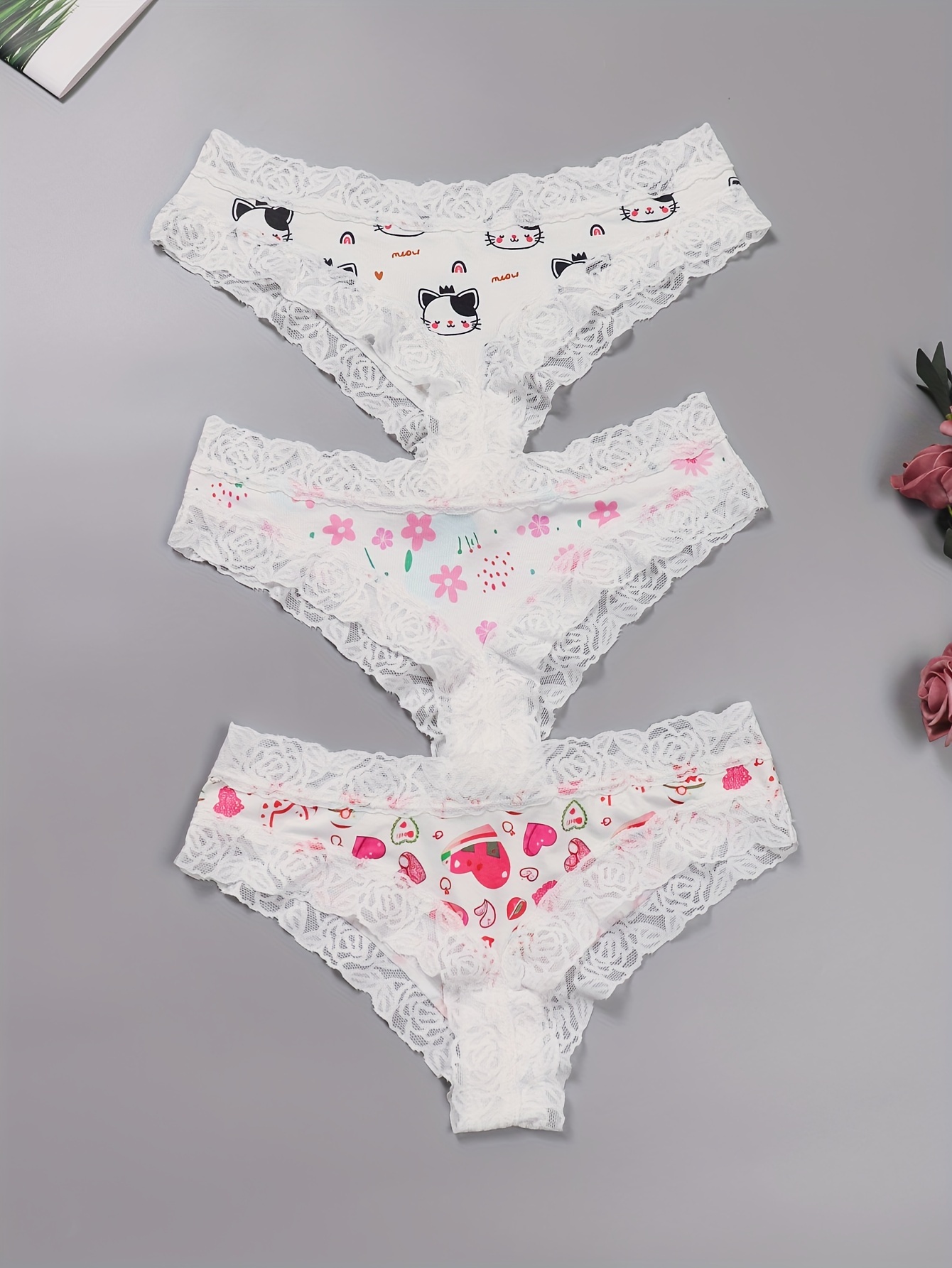 Lace Trim Floral Print Panties Low Waist Cheeky Panties - Temu Canada