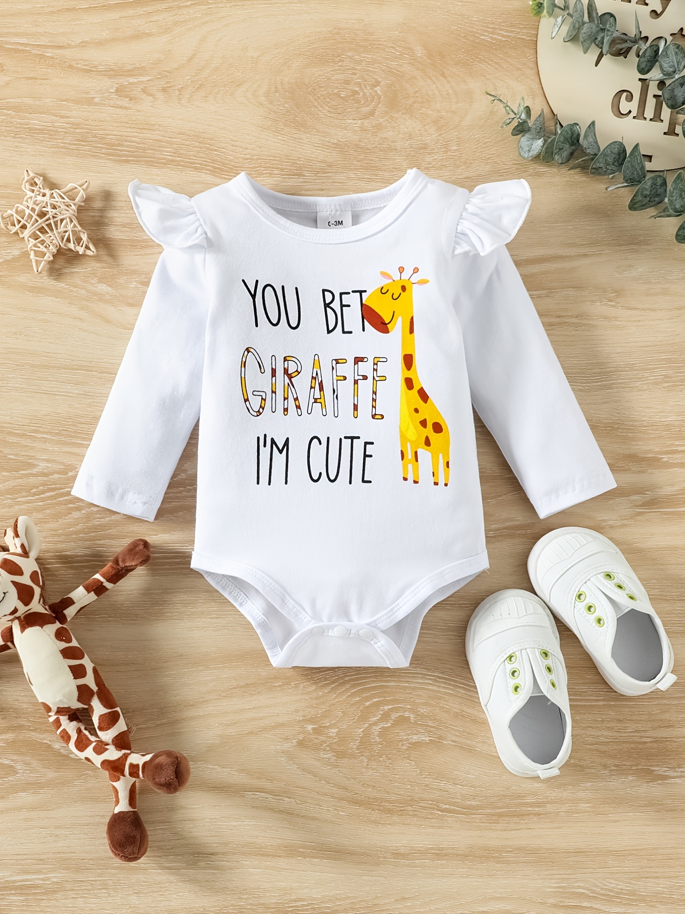 Baby Girls Giraffe Print Ruffle Sleeve Romper + Pants Set - Temu