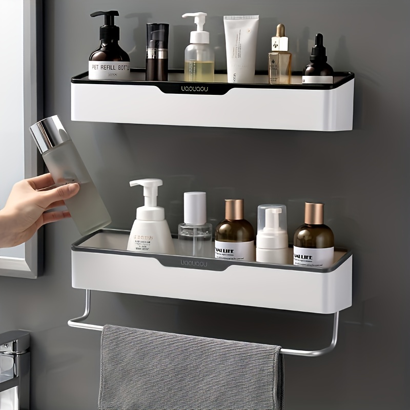 1pc Bathroom Storage Rack With Towel Bar, Self Adhesive Drain Shelves,  Modern Wall Mounted Hanging Storage Shelf, Bathroom Accessories
