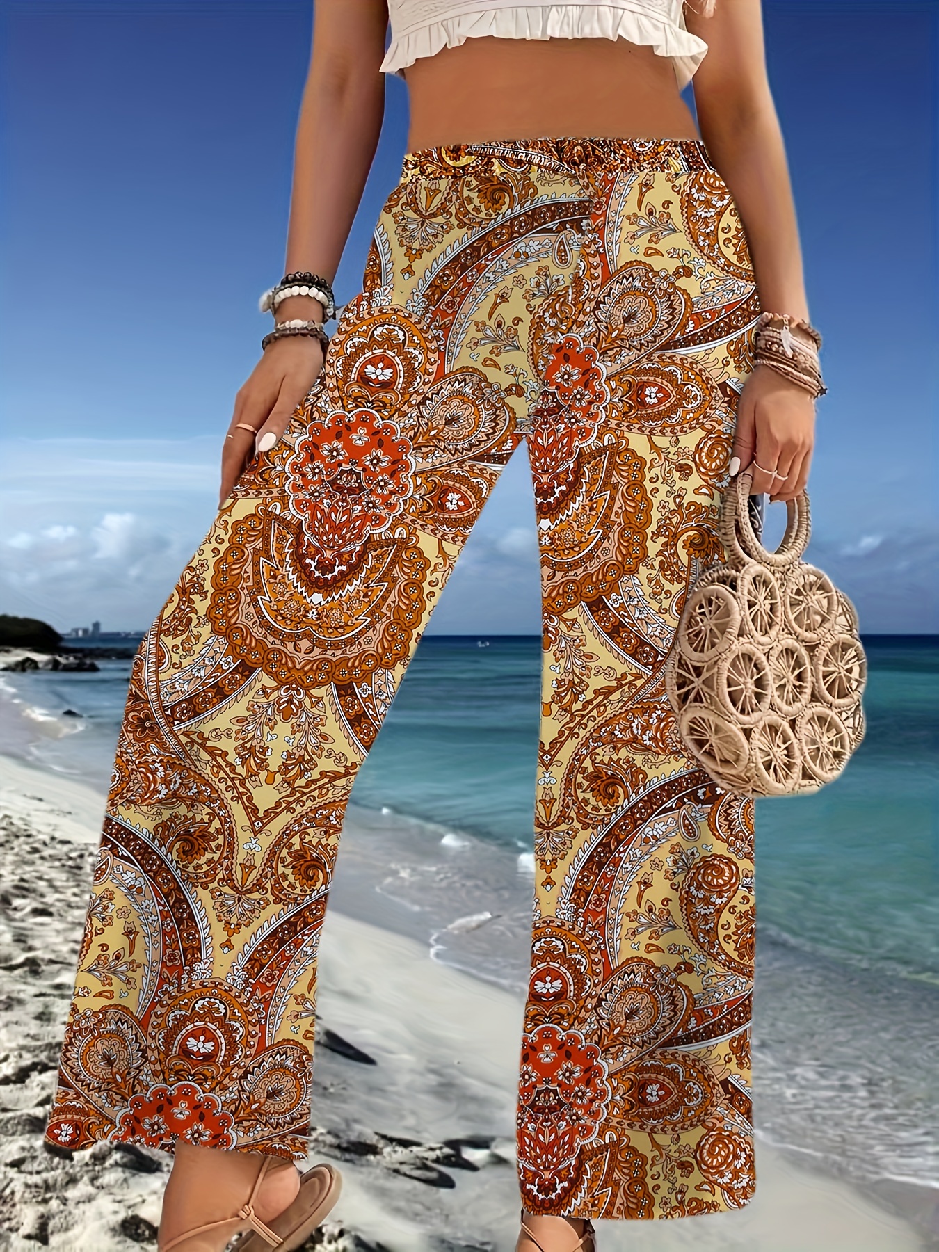WOMENS LIGHTWEIGHT SUMMER PANTS WITH BLACK INDIAN PRINT
