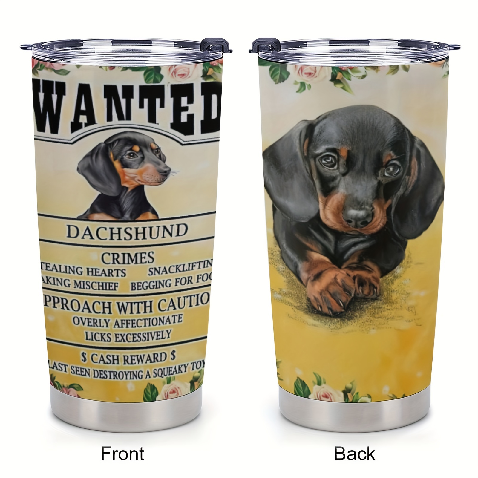 

20oz Dachshund-themed Insulated Travel Mug With Lid - Perfect Gift For Dog Lovers, Women, And Dachshund Enthusiasts - Stainless Steel, Yellow