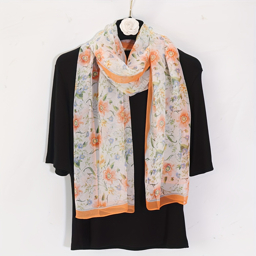 Floral Printed Scarf Lightweight Silk Shawl Sheer Scarf