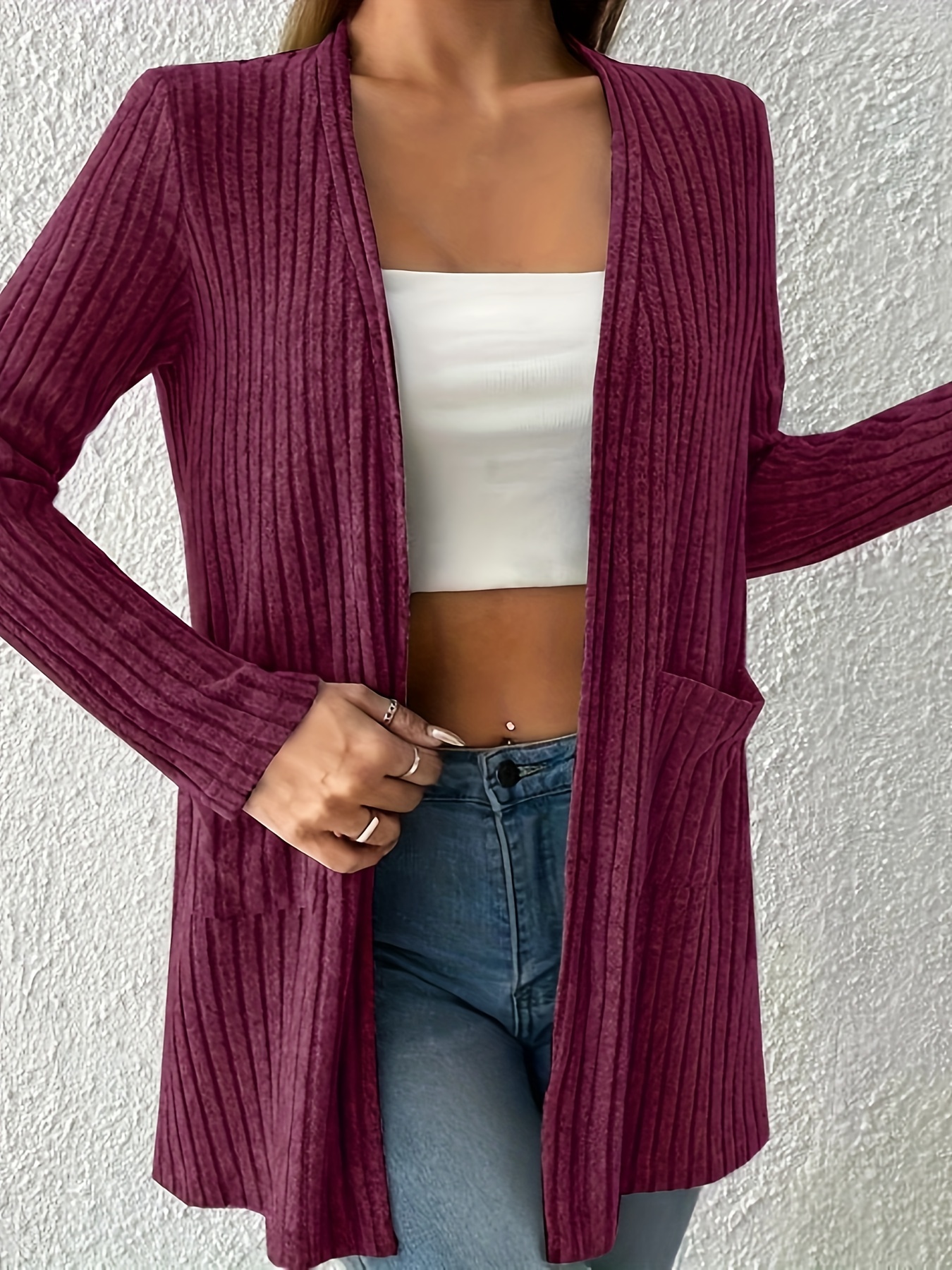 Women's Ribbed Long Sleeve Cardigan With Pockets