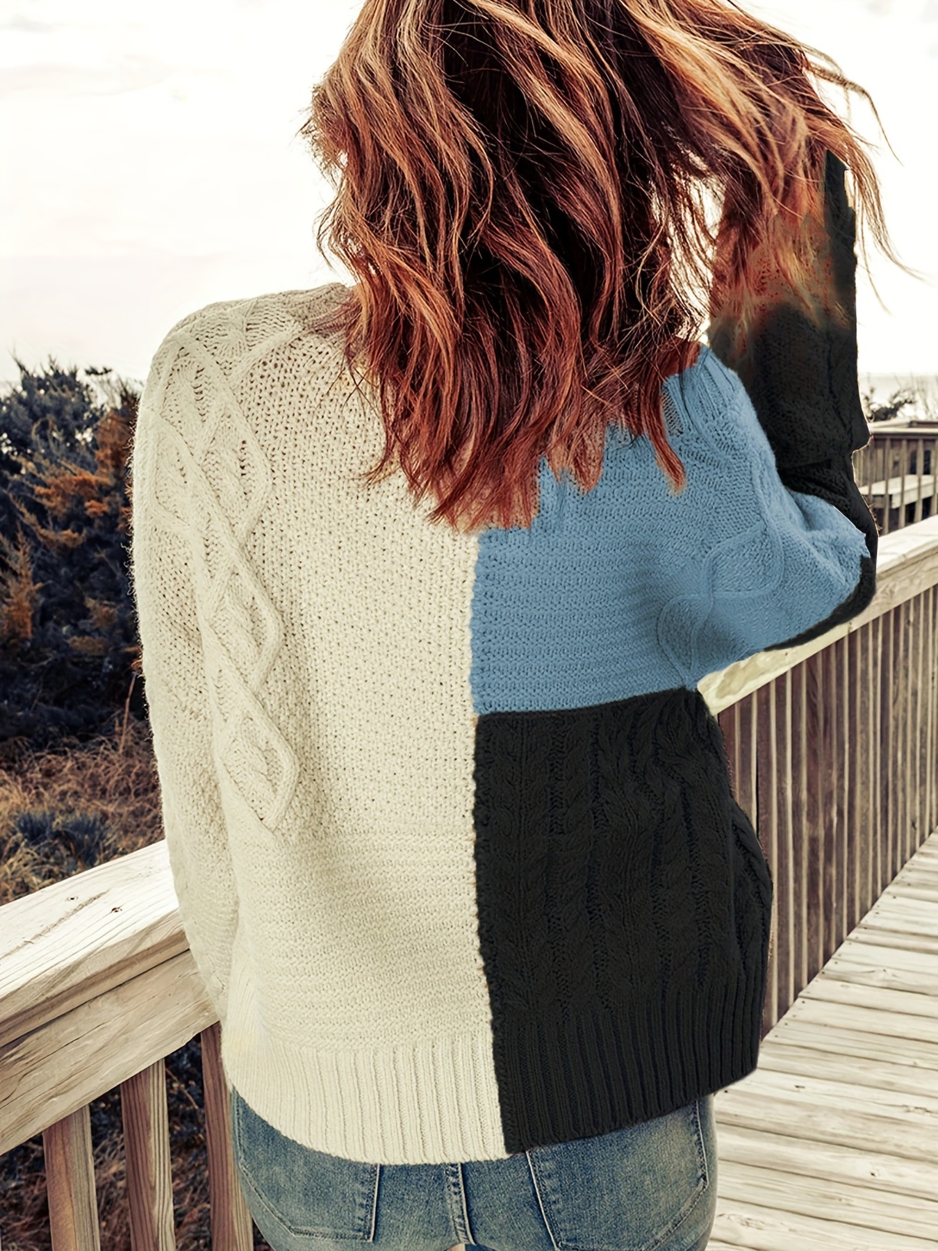 Color Block Twist Cable Knit Sweater, Casual Long Sleeve Crew Neck