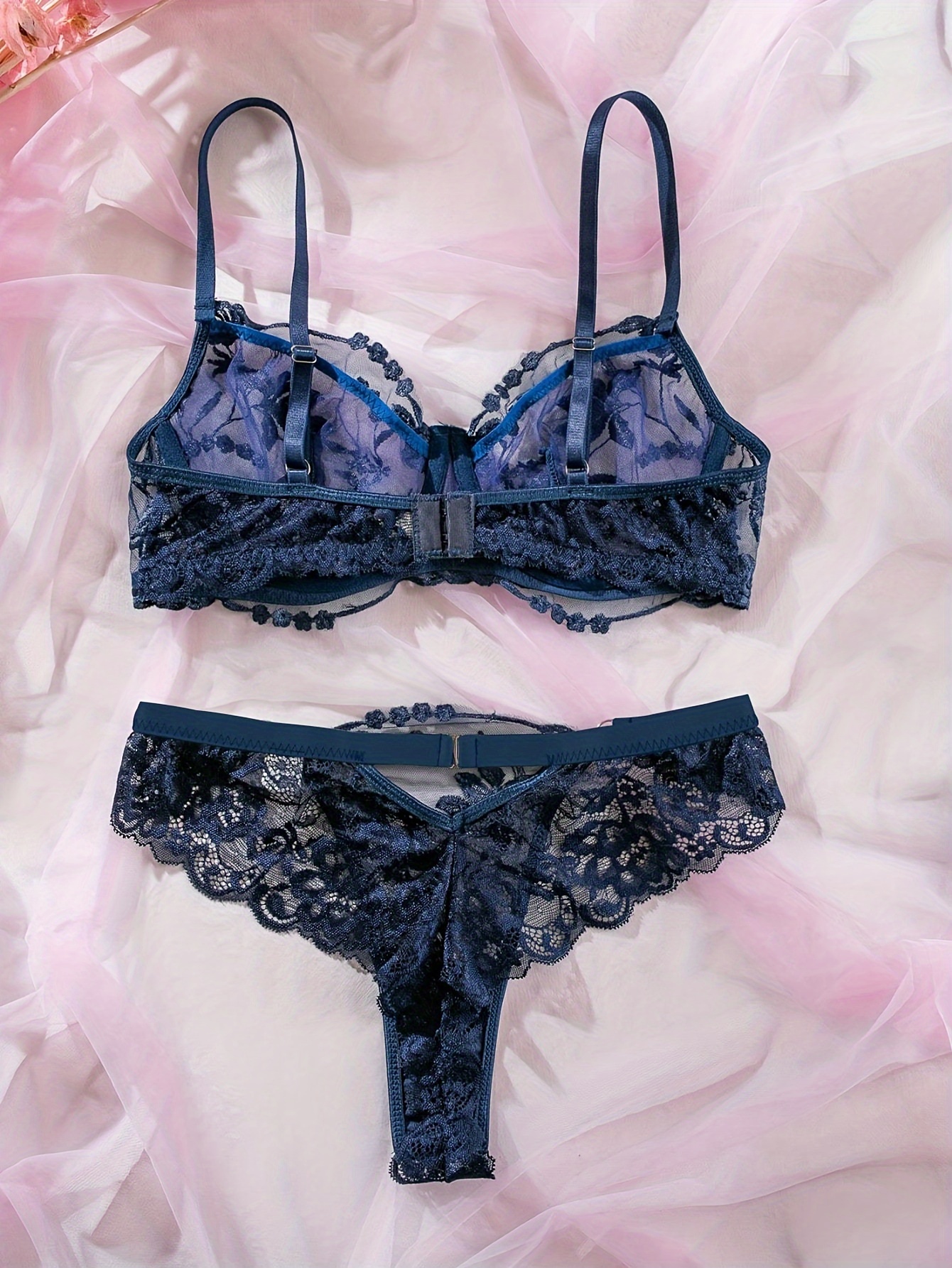 blue lace detailed bra and panty set