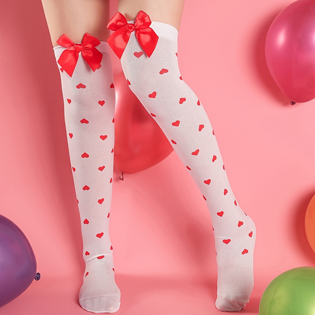 White with Red Bow and Hearts Womens Thigh Highs