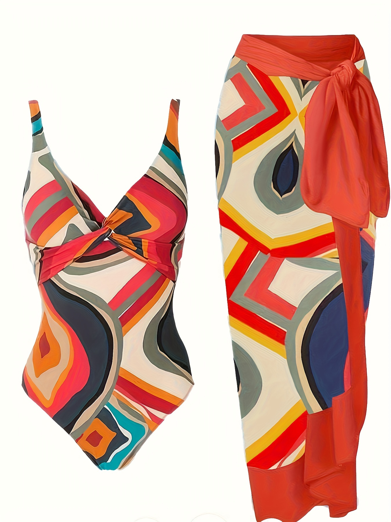 Plus Size Trendy Swimsuit Women's Plus Geo Print Round Neck - Temu