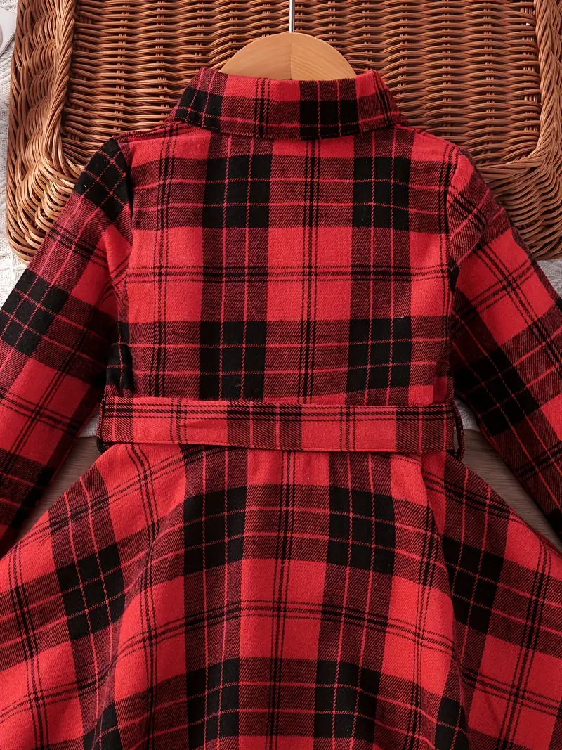 girls classic plaid dress with bowknot belt collar long sleeves dress for spring autumn details 15