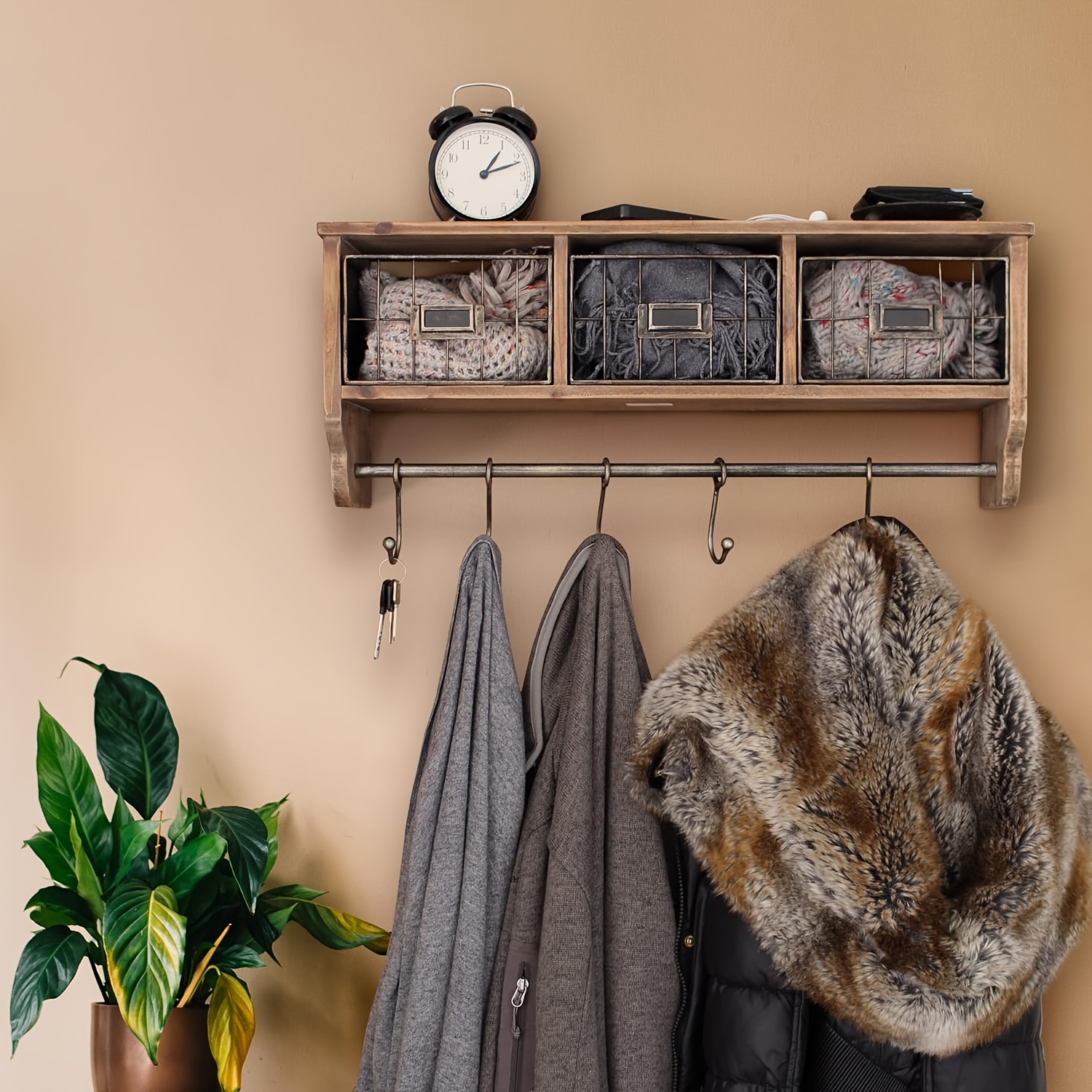 Coat Rack Wall Mount Shelf With Hooks Key Holder For Wall - Temu