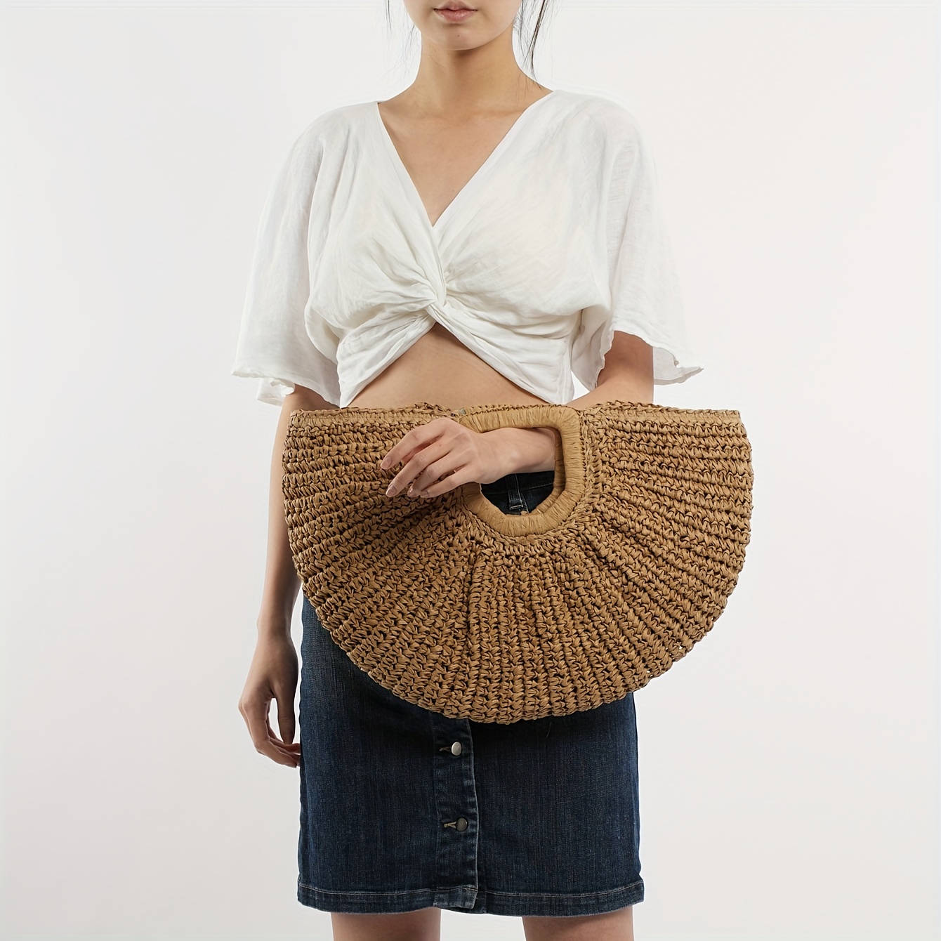 Boho Fringe Moon Round Beach Bag - Brown