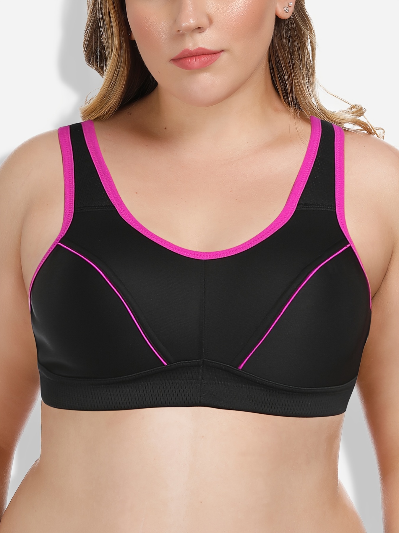 Plus Size Solid Color Breathable Seamless Sports Bra, Women's Plus Slight  Stretch Fitness Bra