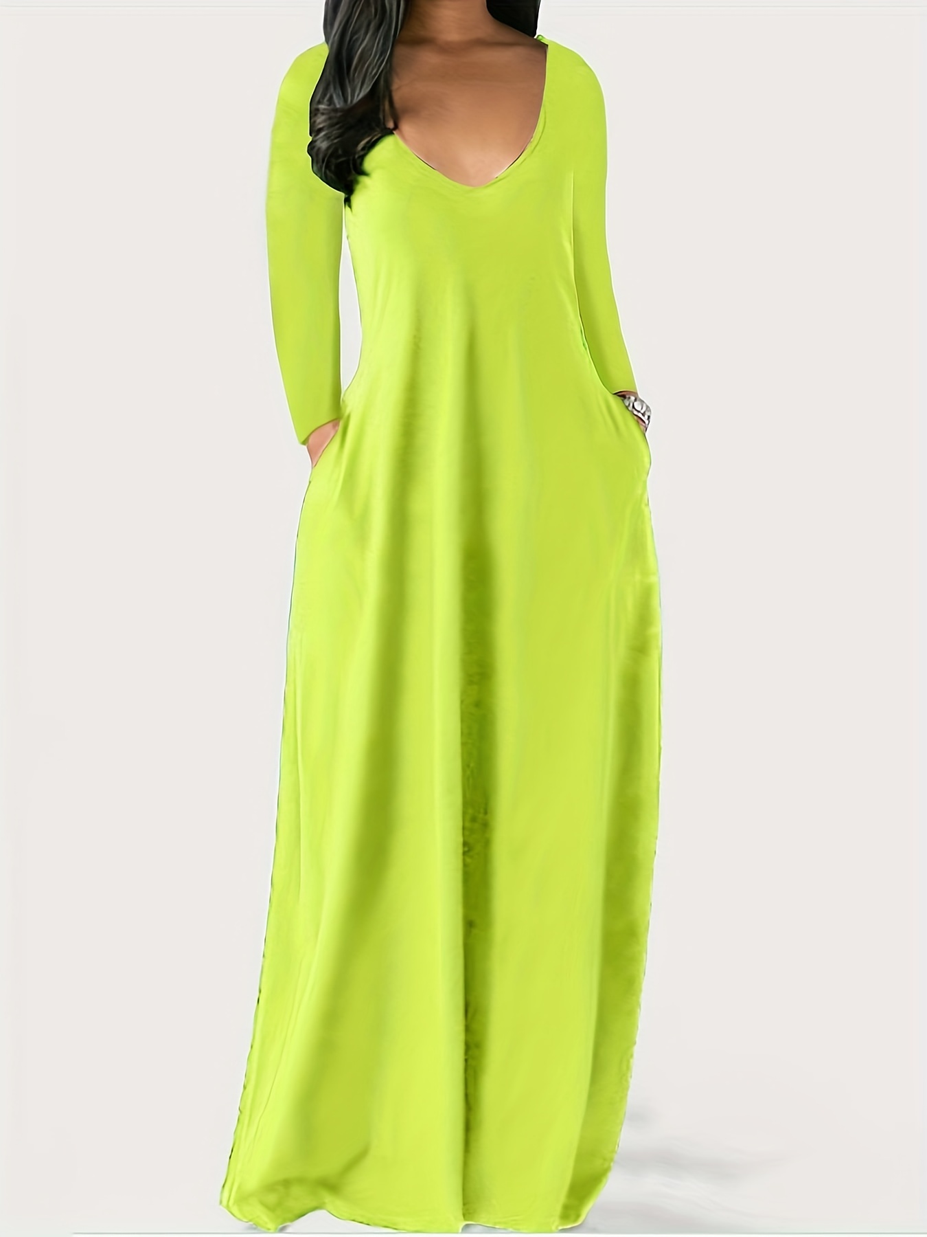 Solid Long Sleeve V Neck Maxi Dress
