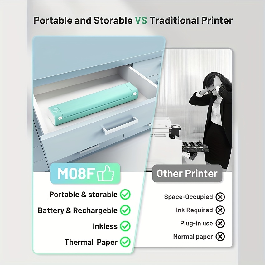  Phomemo M08F - Impresora portátil inalámbrica, impresora  térmica Bluetooth portátil compatible con carta de EE. UU. de 8.5 x 11  pulgadas, tatuaje compacto sin tinta para oficina en casa, negocios, 