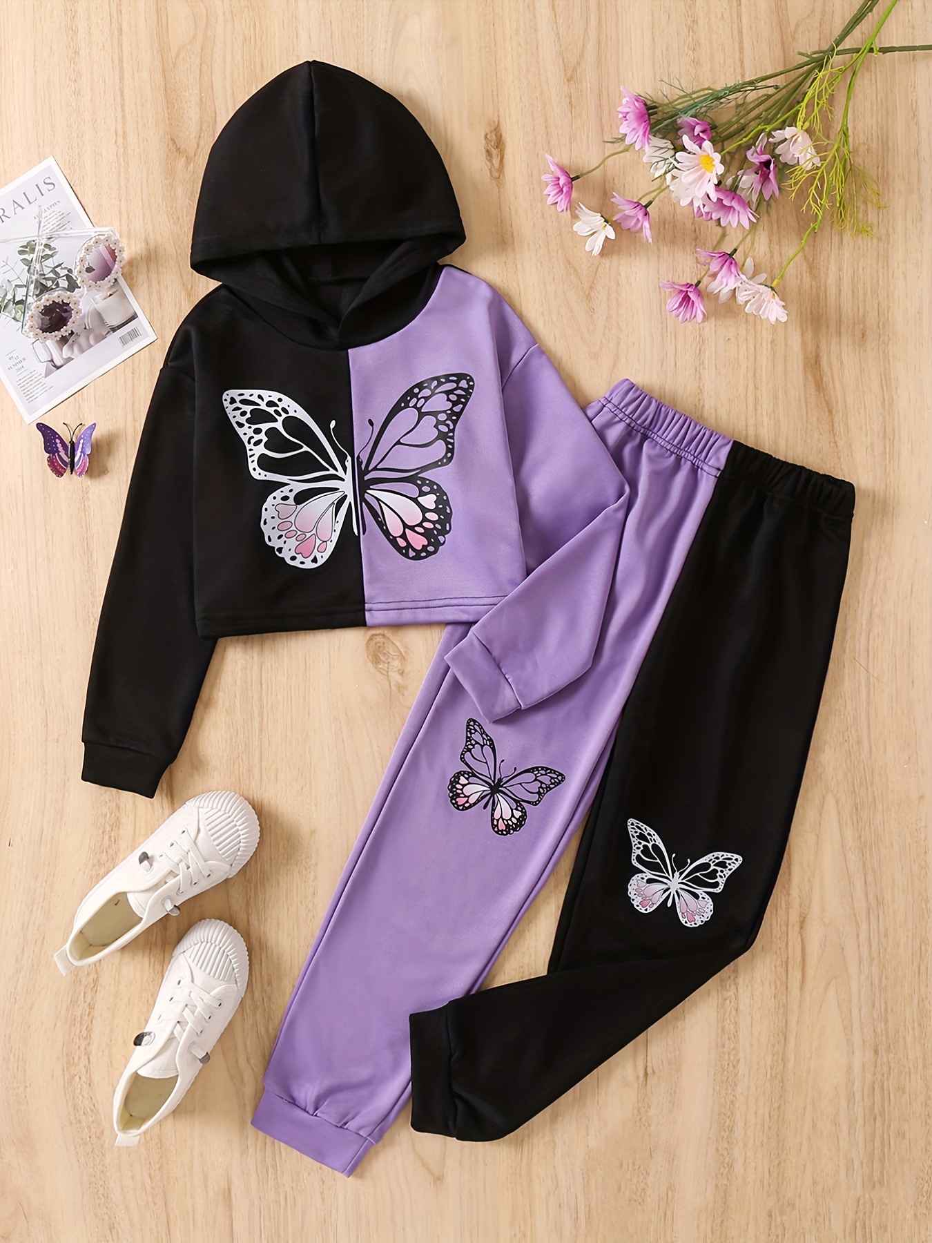 Girl's Color Clash Outfit Floral Pattern Hoodie Sweatpants - Temu