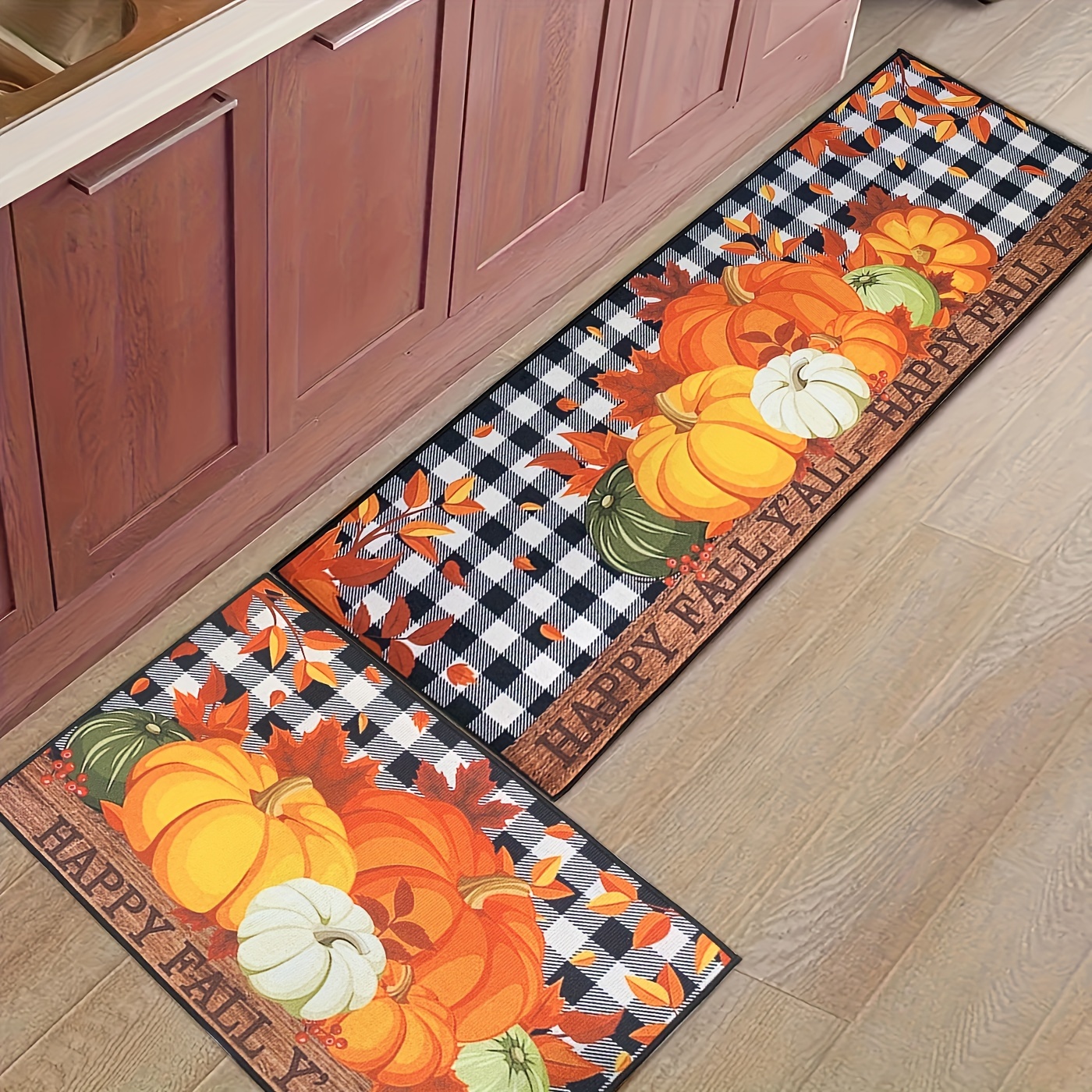 1pc Pumpkin & Maple Leaves & Plaid Pattern Living Room Rug Set