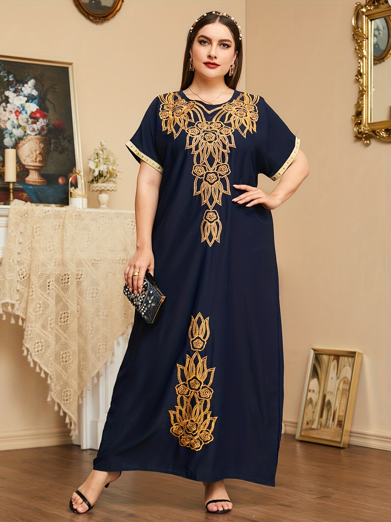 Plus Size Casual Abaya Dress Women's Plus Floral Embroidery - Temu