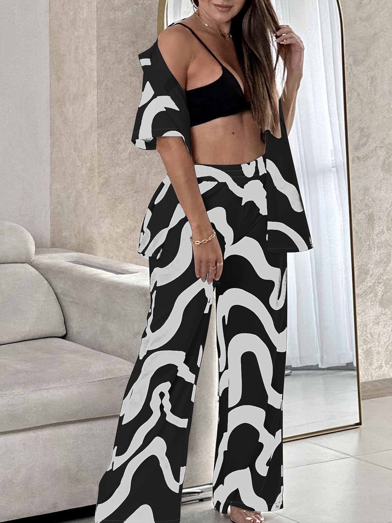 Abstract Ripple Print Two-piece Set, Open Front Short Sleeve Tops & Wide  Leg Pants Outfits, Women's Clothing