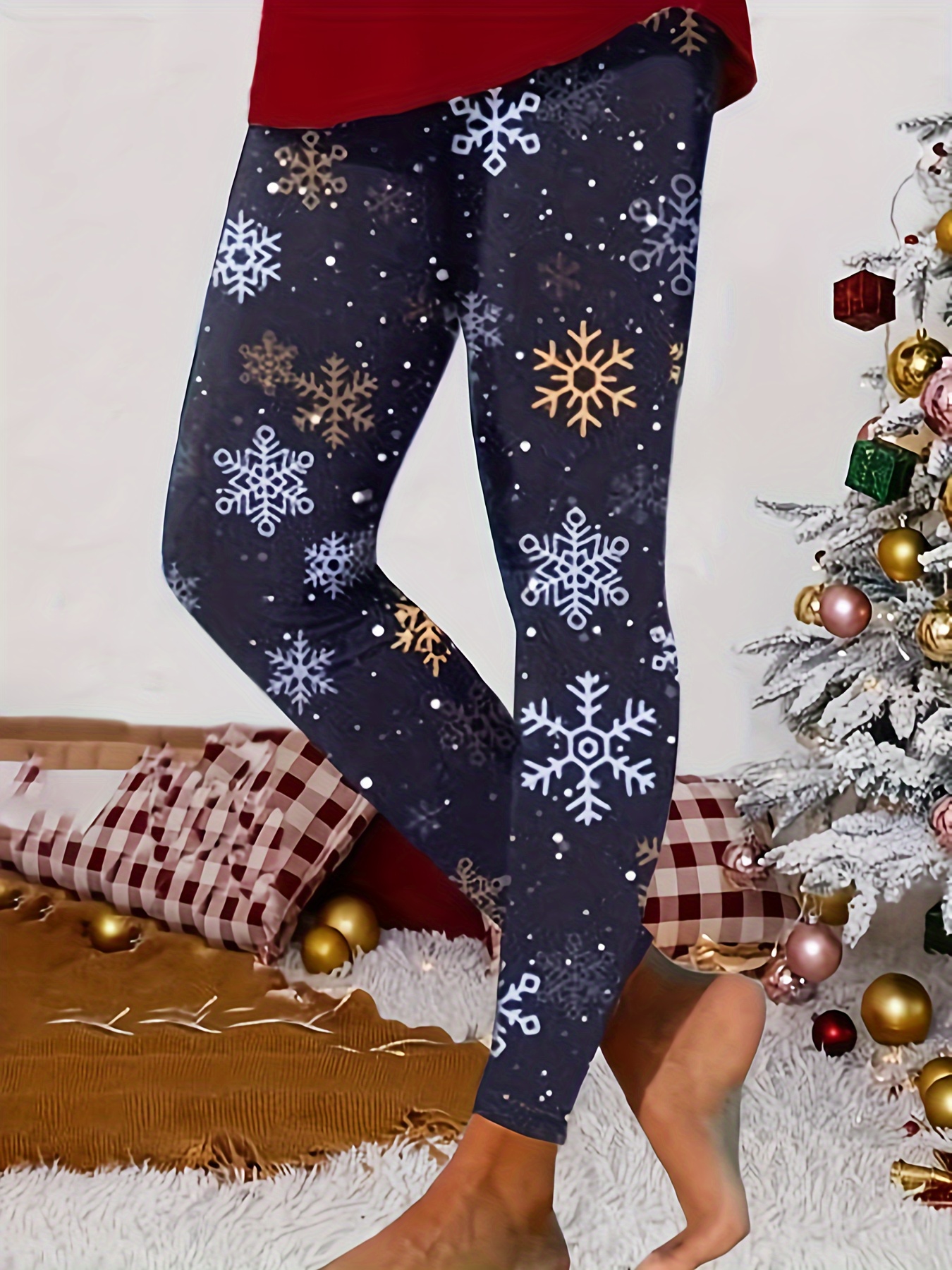 Snowflake Print Slim Leggings, Casual Elastic Waist Leggings For Spring &  Fall, Women's Clothing