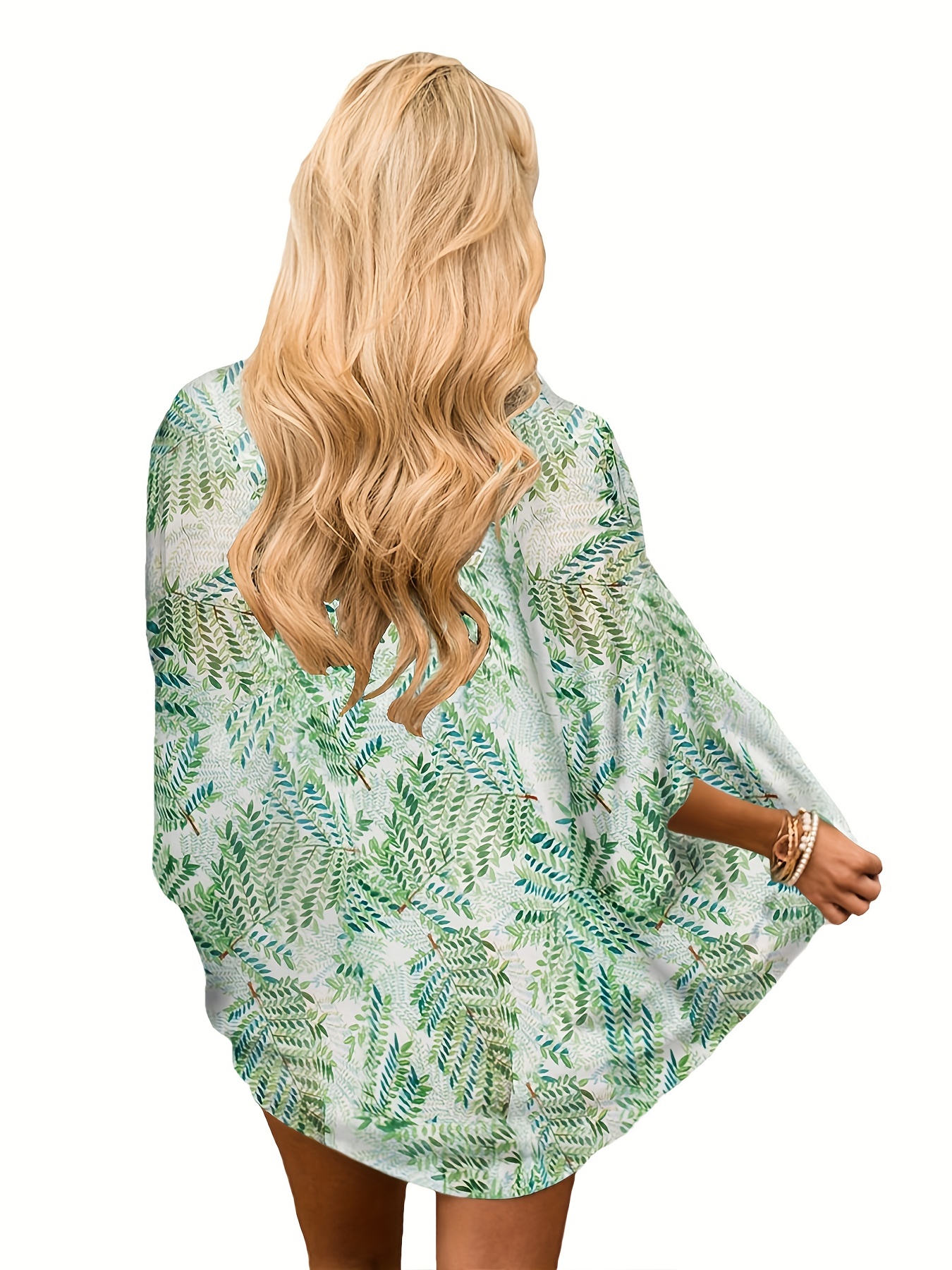Leaf Print Cover Up Shirt V Neck Loose Fit Half Sleeves Non Stretch