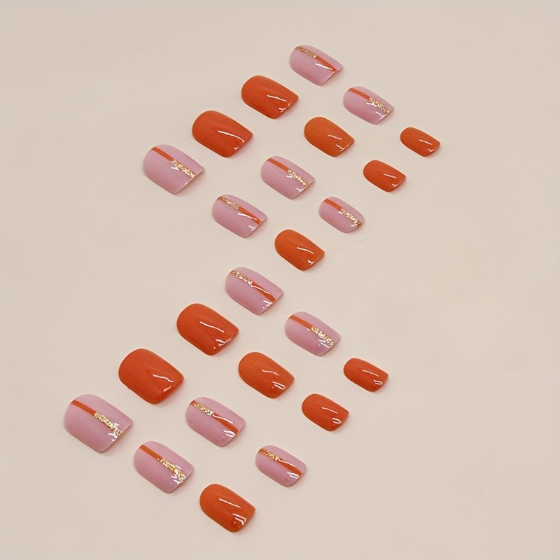 24pcs Orange Glitter Sequin Press On Nails Square False Nails for Daily Wear
