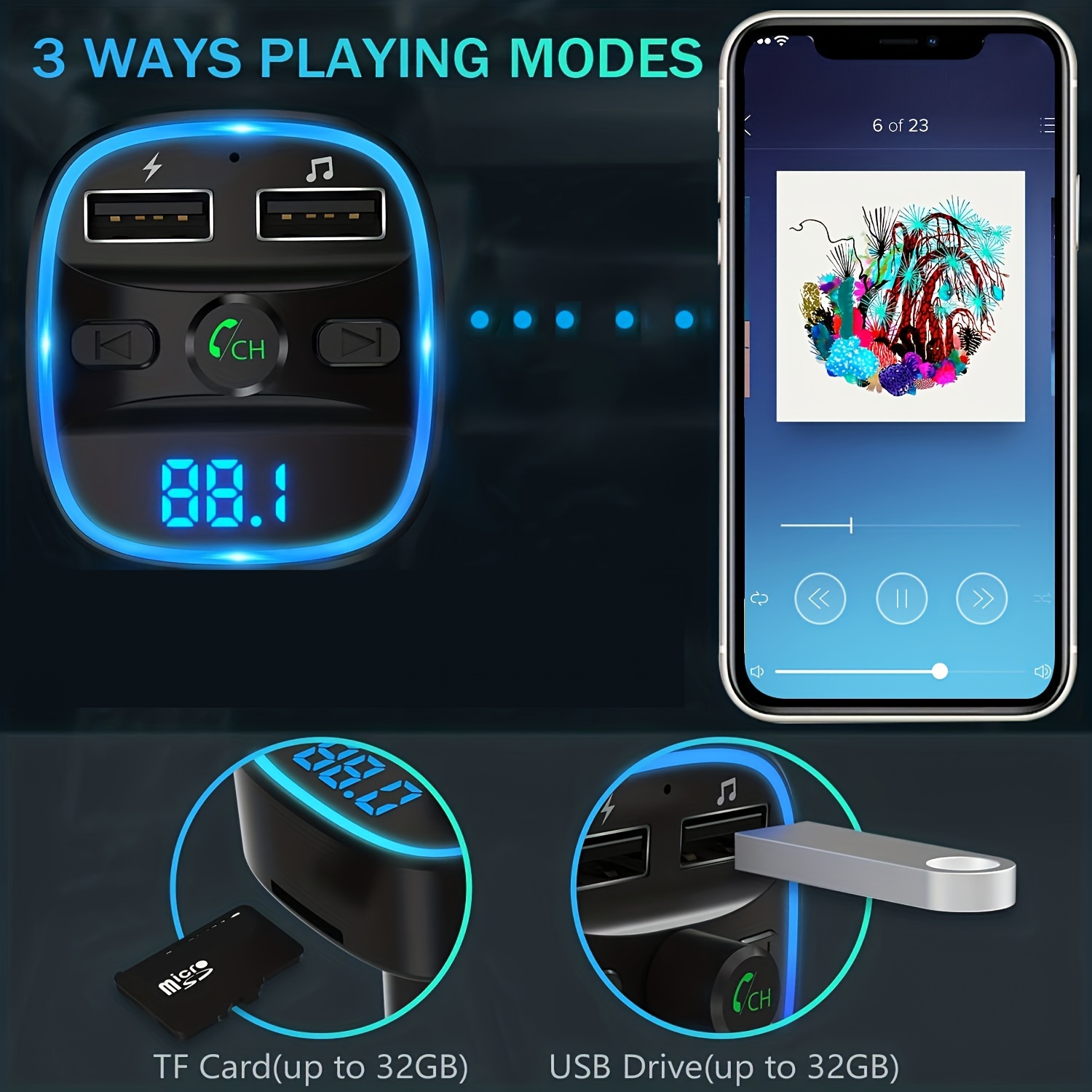 FM Transmitter, Upgraded Wireless FM Transmitter Wireless Radio Adapter Car  Kit With Dual USB Charging Car Charger MP3 Player Support TF Card