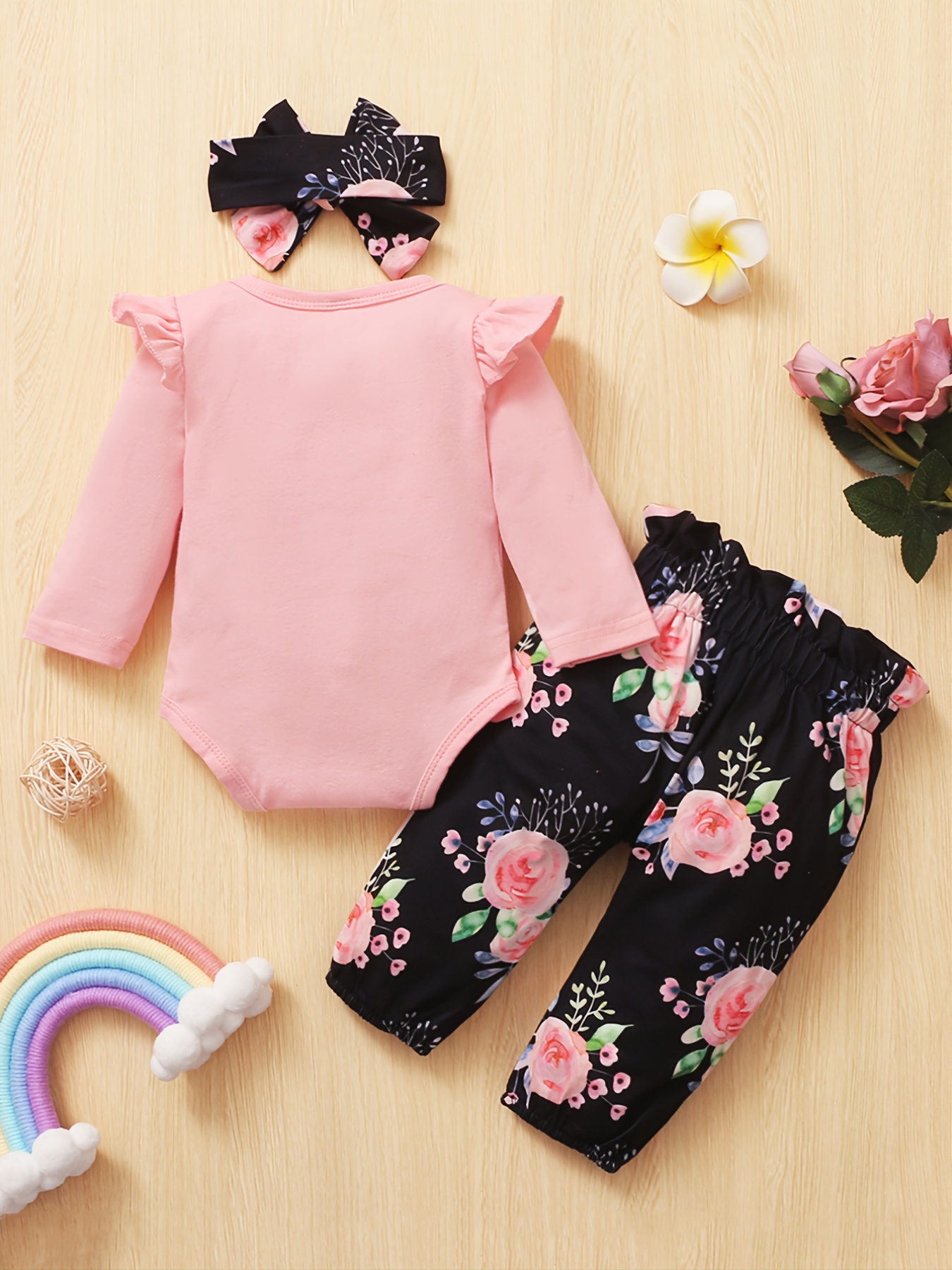 Ropa de bebé niño y niñas, conjunto de mameluco + diadema para bebé pequeño  floral para niñas (rosa, 3-6 meses)