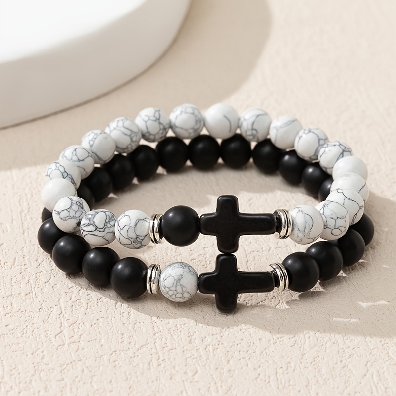 White Black Cross Beads Beaded Bracelet Elastic Prayer Faith - Temu