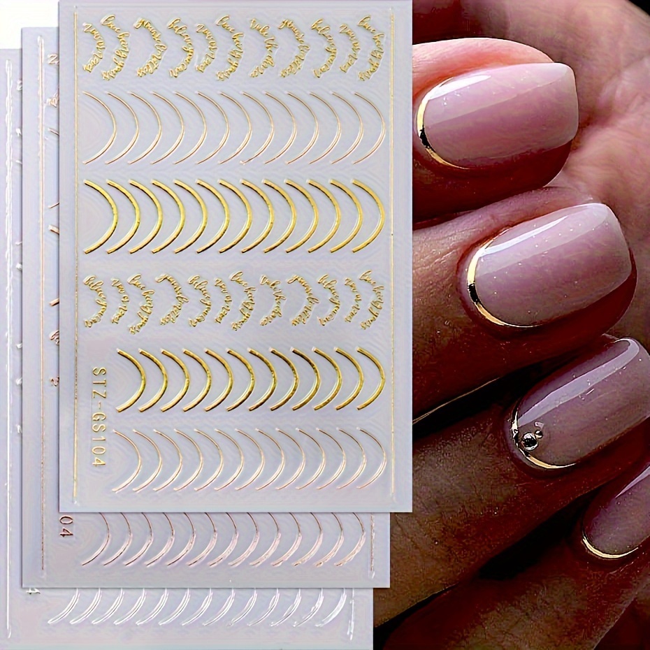 Abstract Metallic Gold Nail Art Stickers, 3pcs 3D Irregular Line Geometry  Summer Nail Art Decals Nails Art Decoration