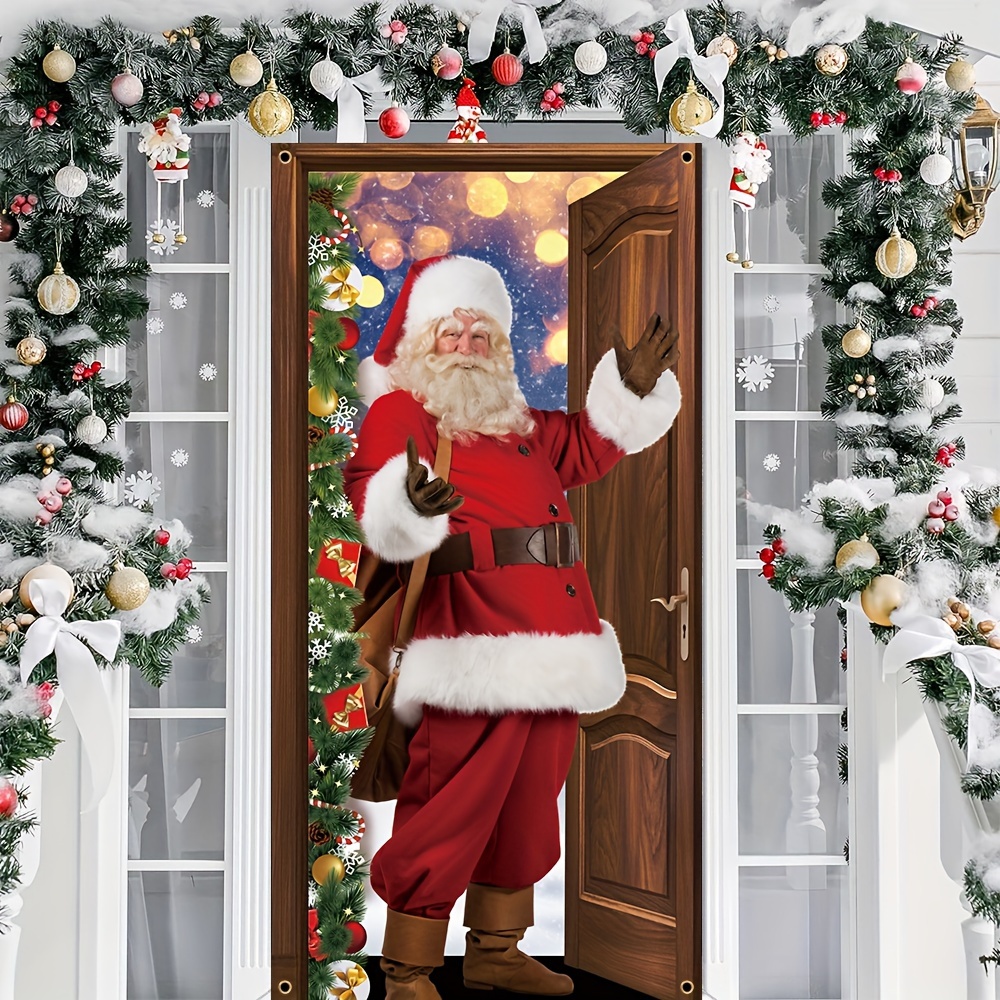 

1pc, Santa Claus Open Door Door Cover Decoration, Polyester Merry Christmas Winter New Year Holiday Photo Booth Indoor Outdoor Banner Party Decoration Supplies 70x35inch